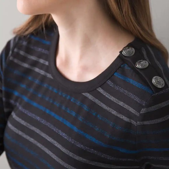 WHBM $120 Ruched Blouson Lurex Knit Dress Black Striped S M L - Picture 6 of 7